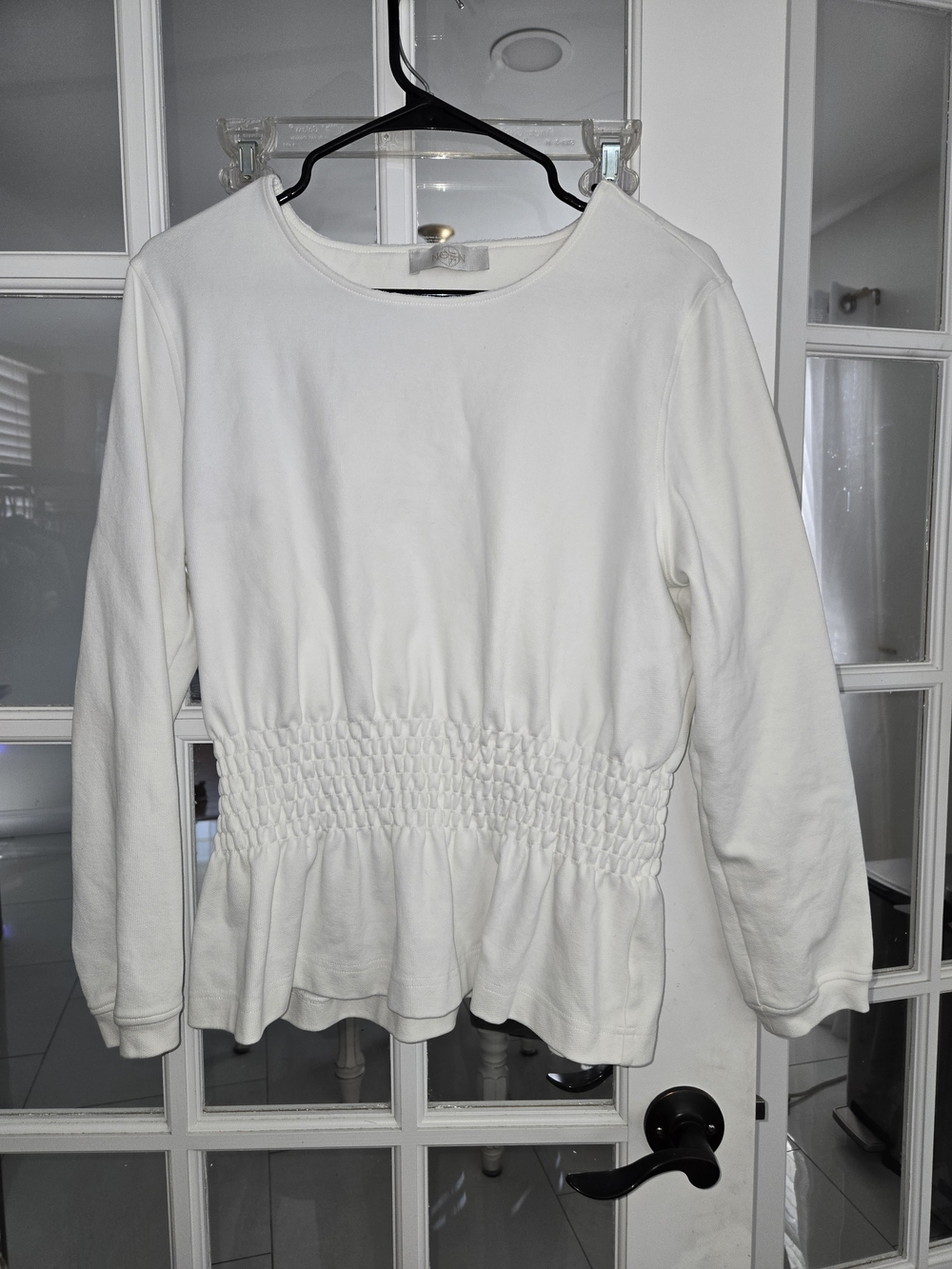 Smocked-Waist Long Sleeve Top - White